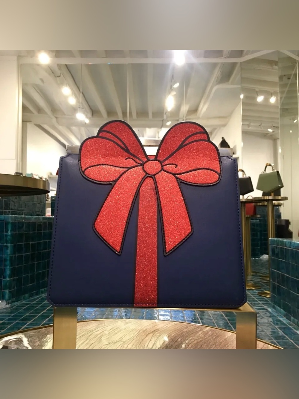 Tammy & Benjamin Jeanne Navy Red Glitter Bow Crossbody Bag Charm Box NEW